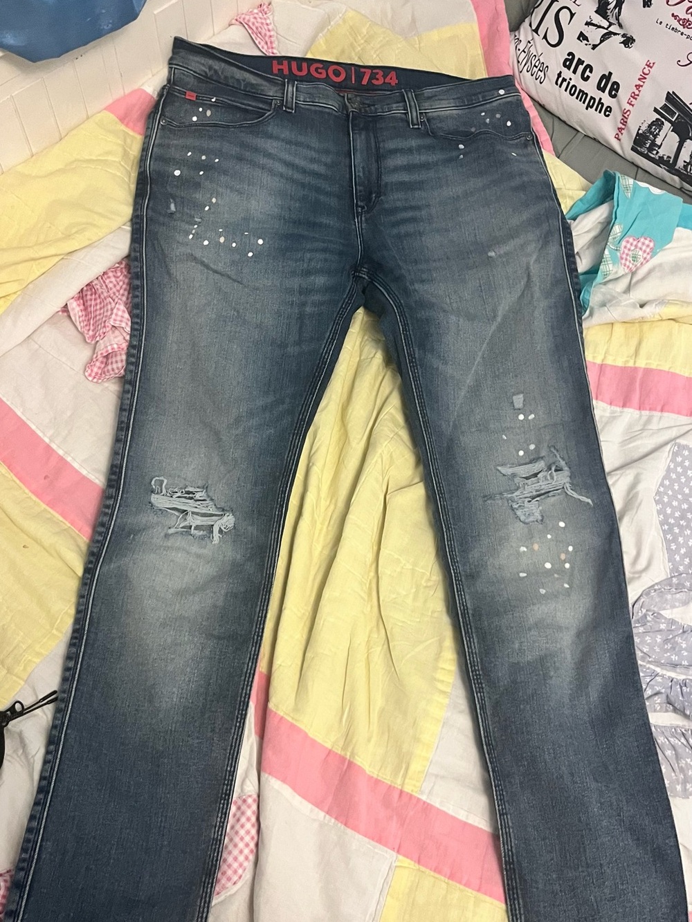 HUGO Men's Slim Straight Jeans - Faded Blue with Paint Detail